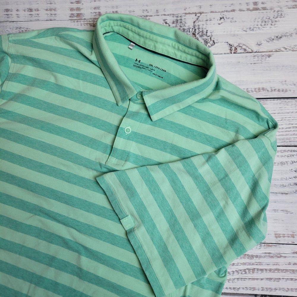 Under Armour Heat Gear 2XL XXL Short Sleeve Striped‎ Shirt Golf Polo Green Loose
